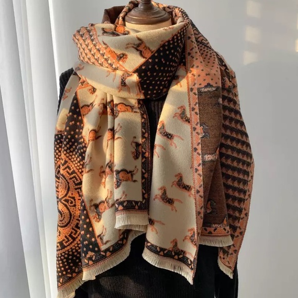Sarrah Accessories - Sample Sale New Soft Western Horse Scarf Shawl Pashmina Wrap wFringe Detail
